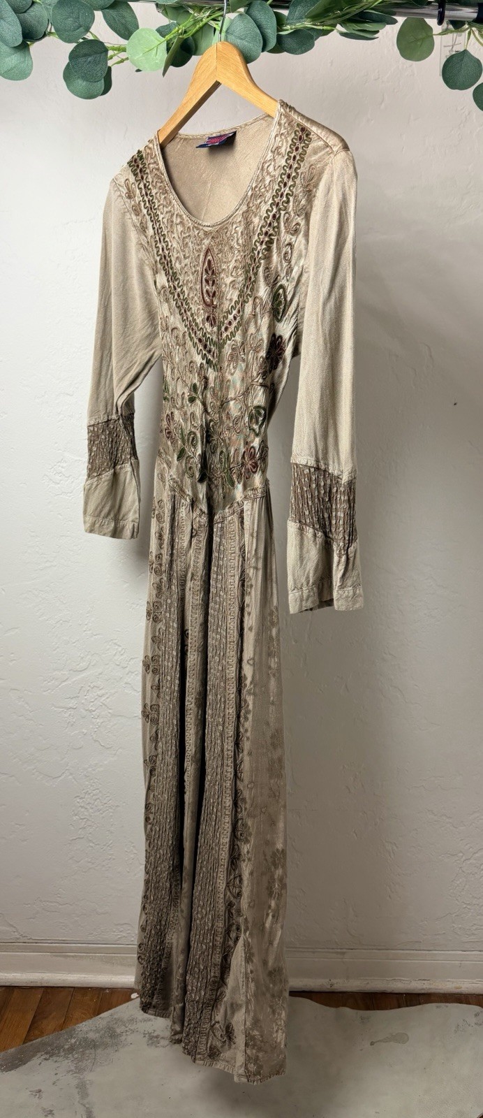 Vintage Indian Embroidered Rayon Maxi Dress Boho Cottagecore Belted Free Size