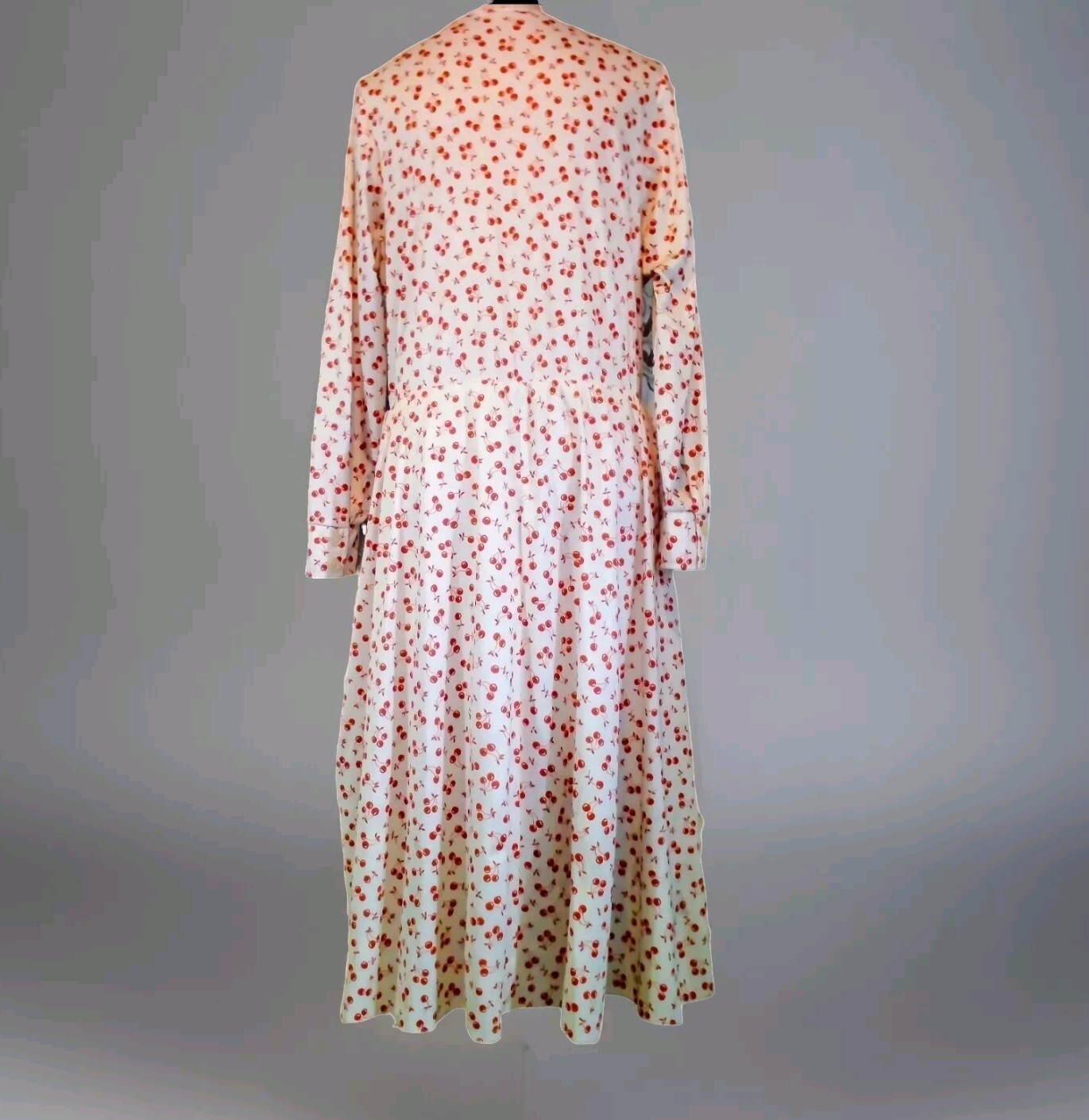 VTG 70s Novelty Cherries Print Midi Secretary Dress w Skinny Bow Elastic Waist M