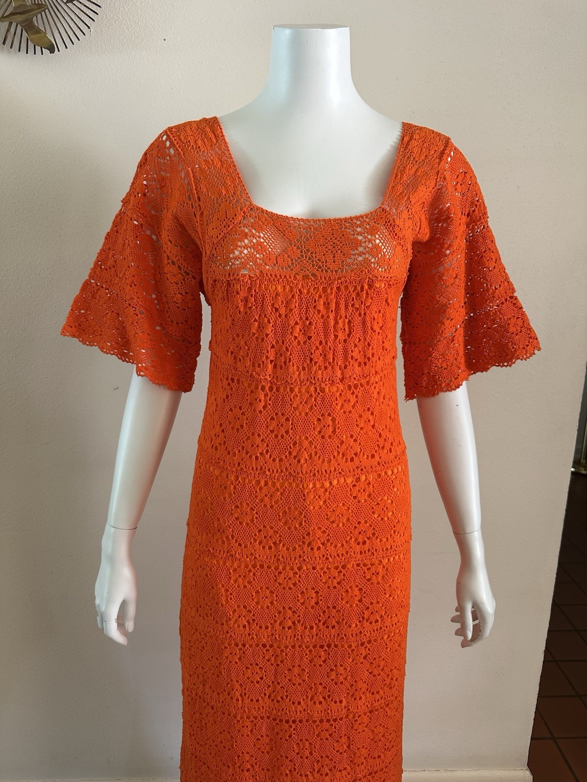 1970s Mexican Crochet Lace Maxi Dress Orange Cotton Boho Huipil XS S Vintage