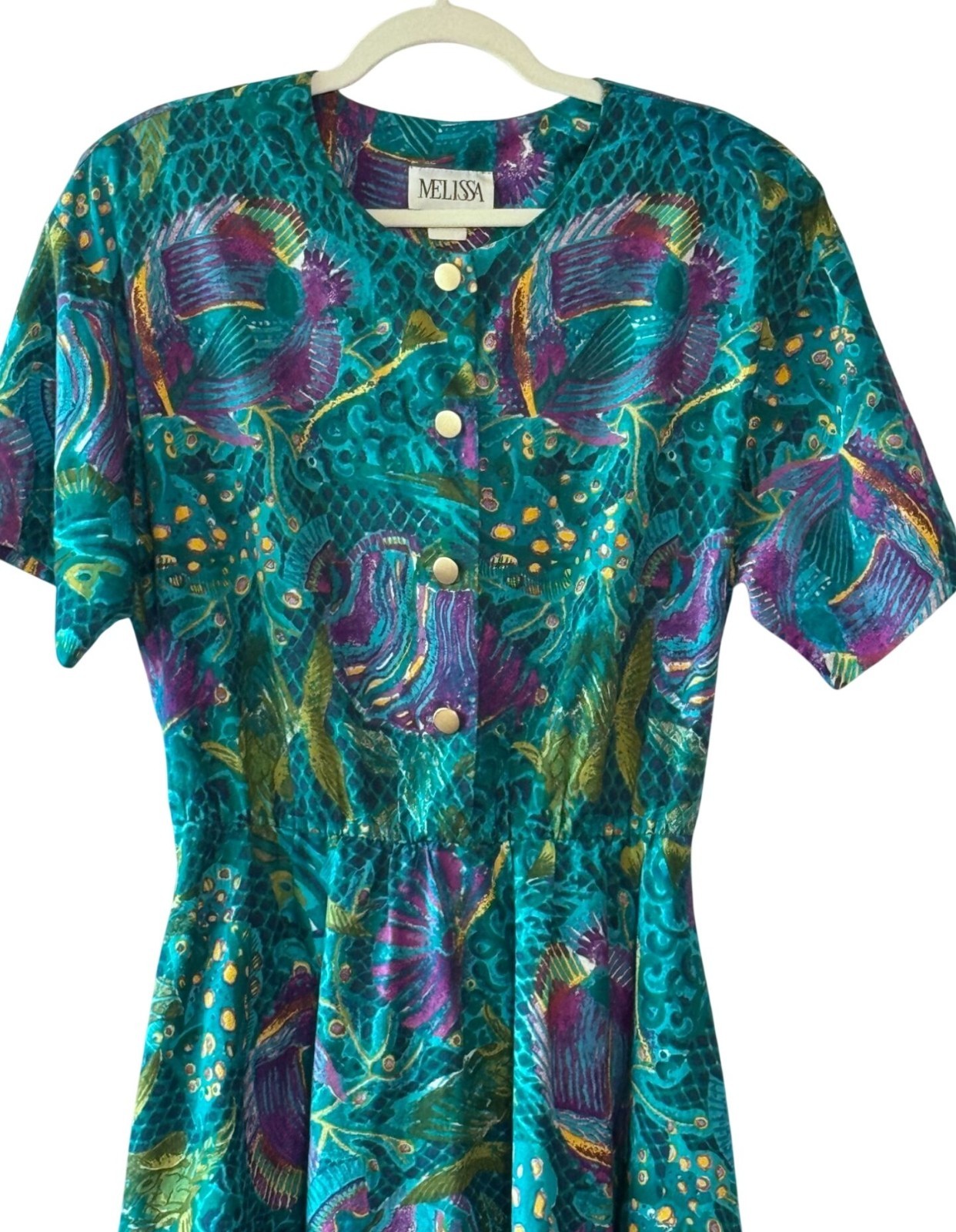 Vintage 80s Melissa Teal Abstract Tropical Print Midi Dress Pockets – Modern Lar