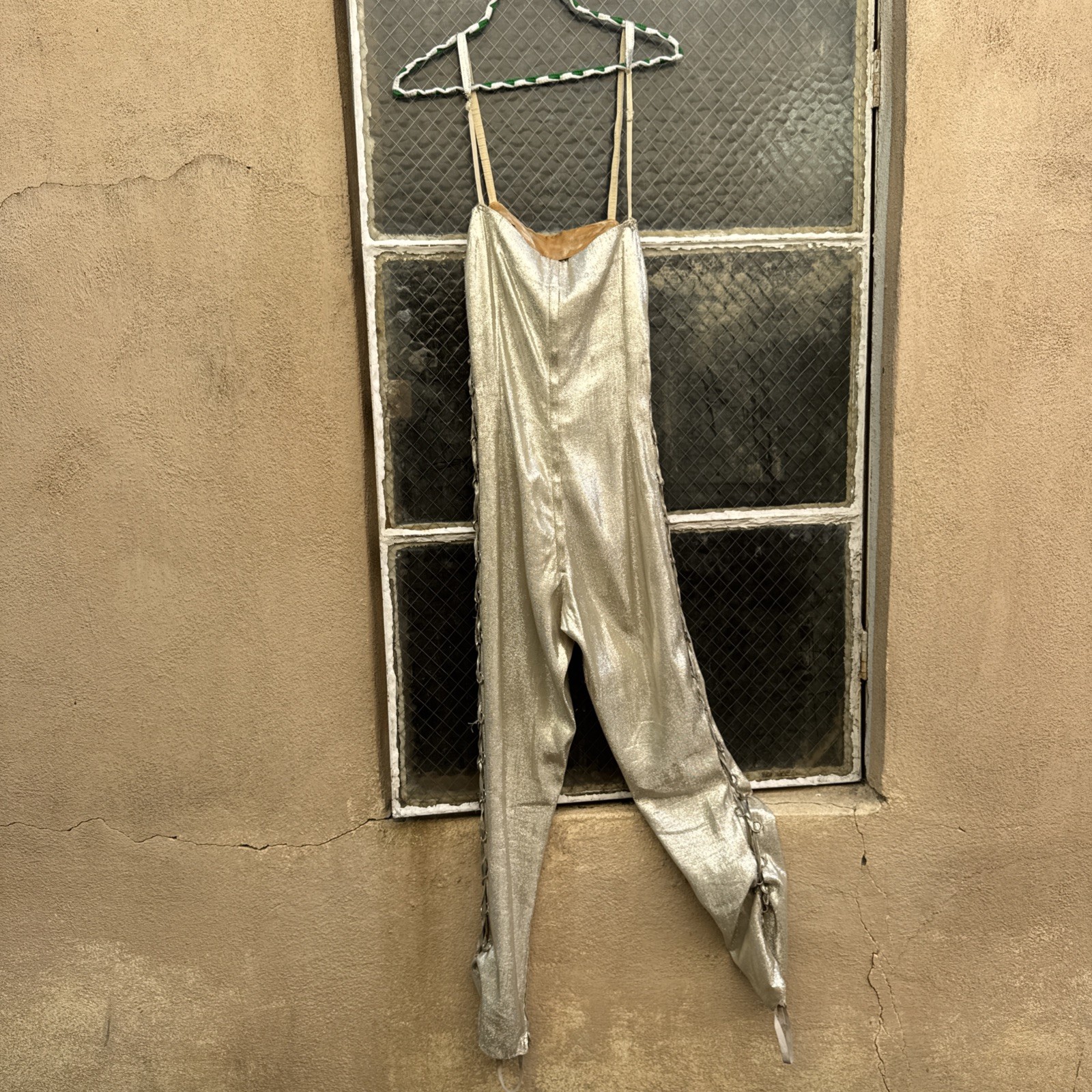Vintage 1930s 1940s Silver Lamé Jumpsuit Lace Up Sides Costume Playsuit Showgirl