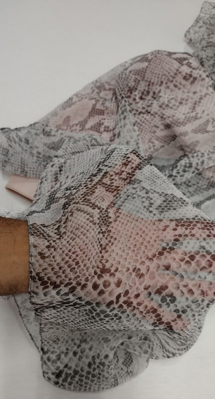 Vintage 80s Gray Snakeskin Chiffon Dress Ruffles Flamboyant Dolly Busty Size S/M
