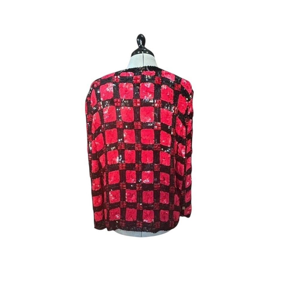 Vintage 80s Frank Usher Sequin Jacket Red Black Check Glam Evening Blazer L