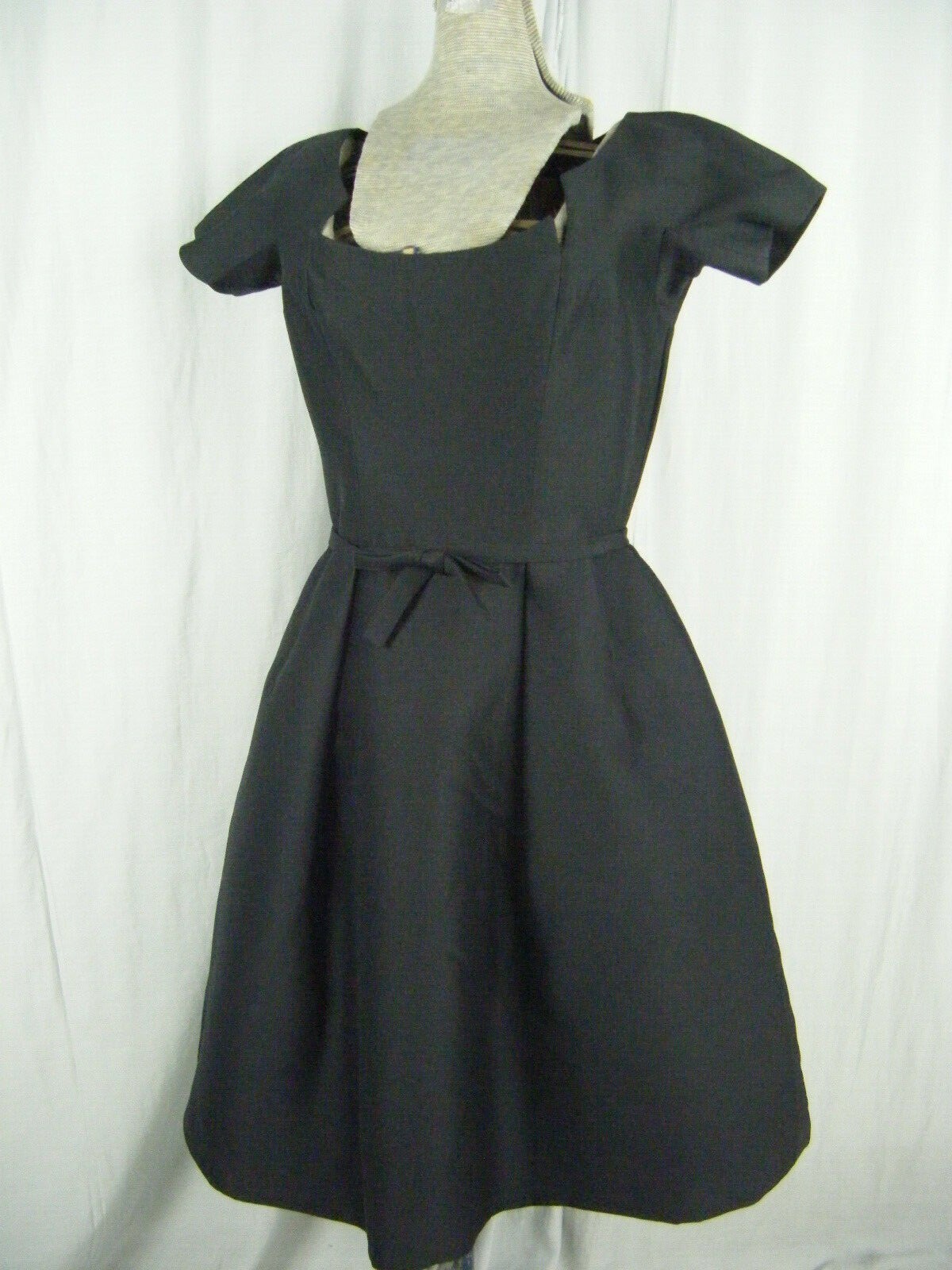 SAMUEL WINSTON BY ROXANE Vtg 50s Black Shantung Silk Bow Dress-Bust 36.5/S