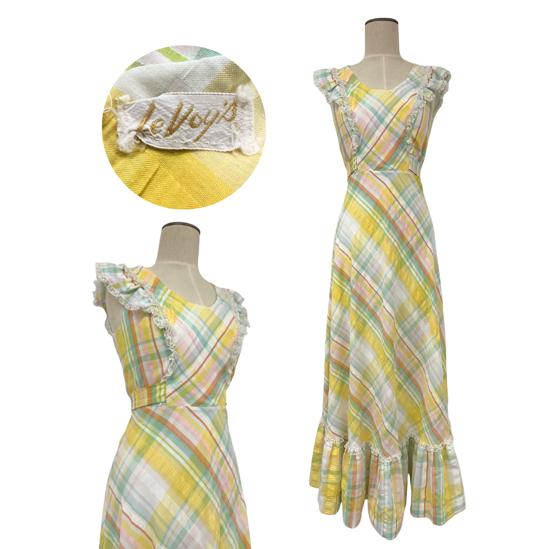 Vintage 1970s LeVoy&rsquo;s Seersucker Pastel Plaid Ruffle Lace Trim Apron Maxi Dress