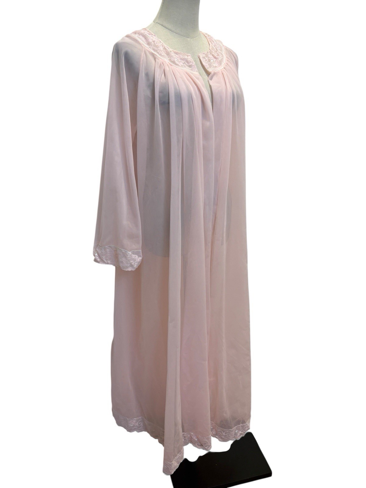 Vtg Pink Sheer Peignoir Robe Open Front Lace Sz L/XL Romantic Boudoir Coquette