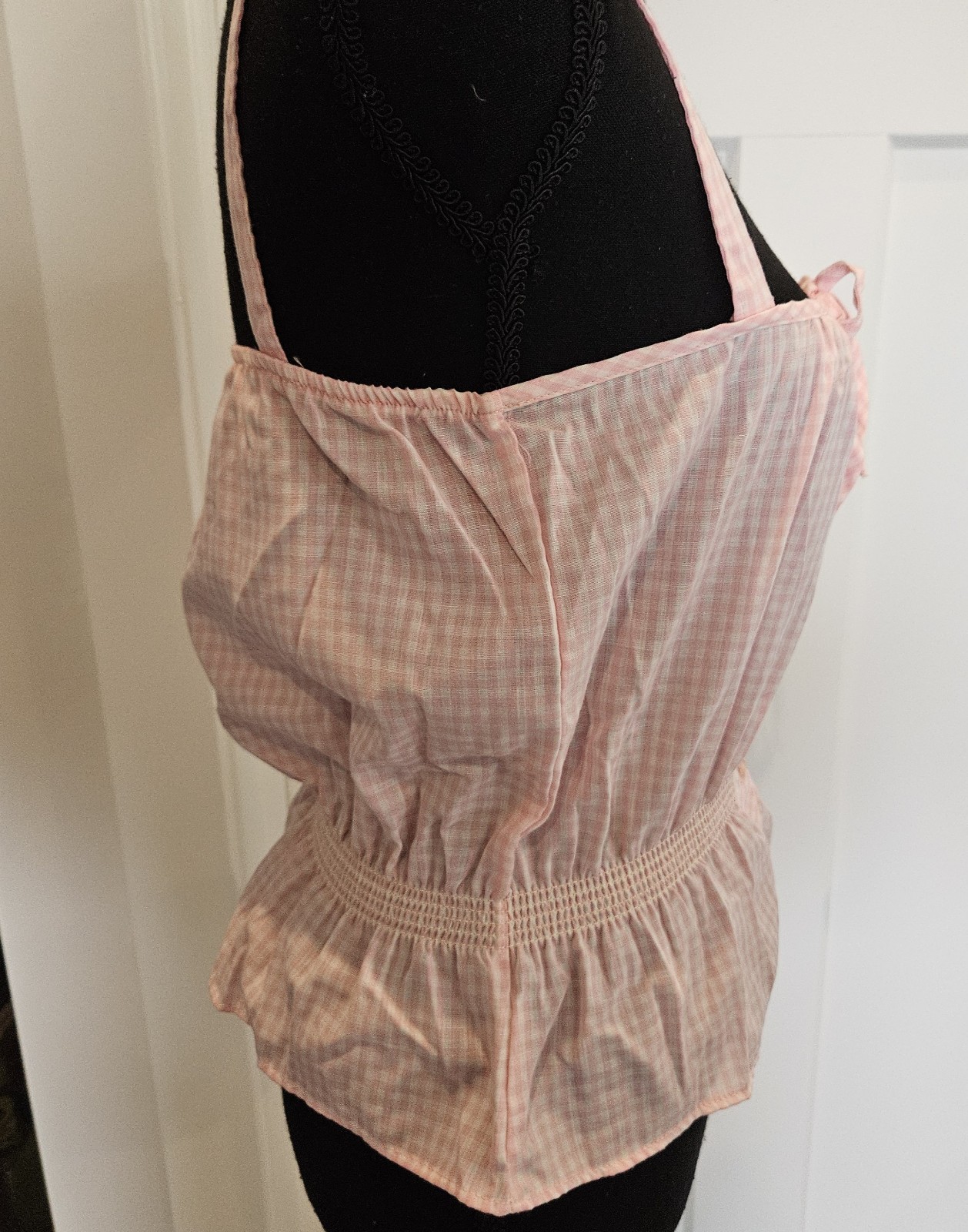 VTG 70s Bobbie Brooks Sleeveless Button Up Pink Gingham Halter Top Elastic Waist