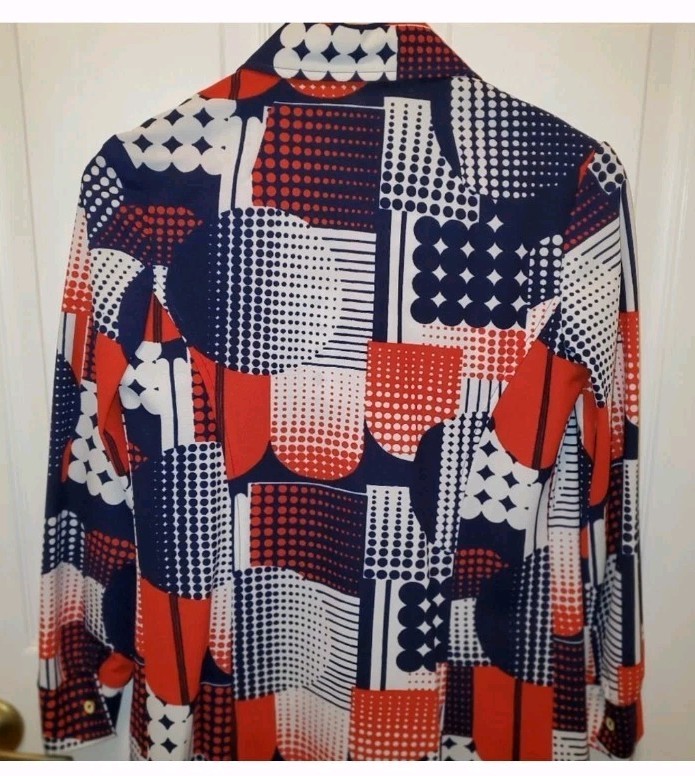Vtg 70&rsquo;S Mod Geometric McM Twinset Long Sleeve Polyester Retro Red White Blue