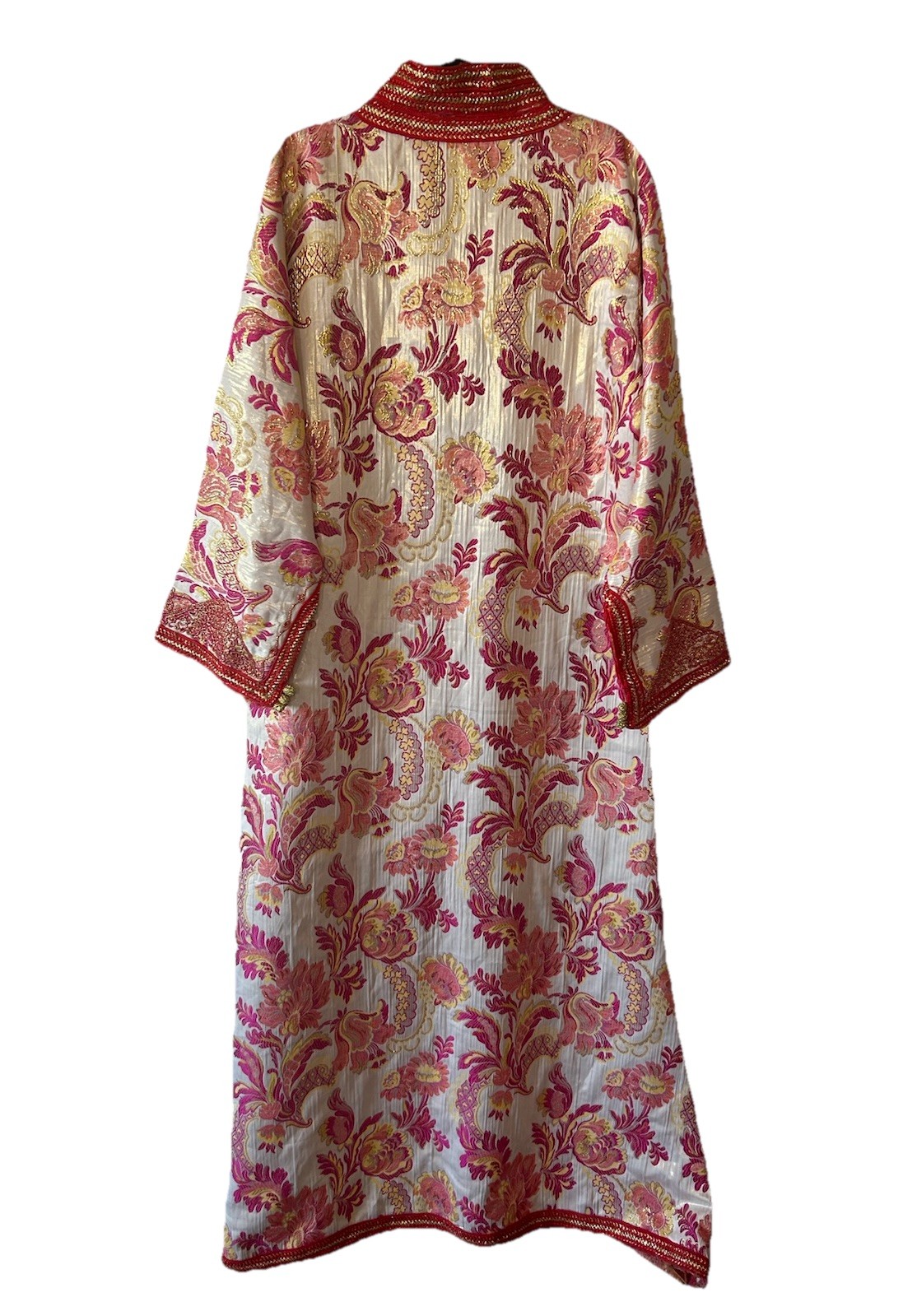 Vintage 1970’s Moroccan Brocade Kaftan Maxi Dress Pink Gold Embroidered L/XL