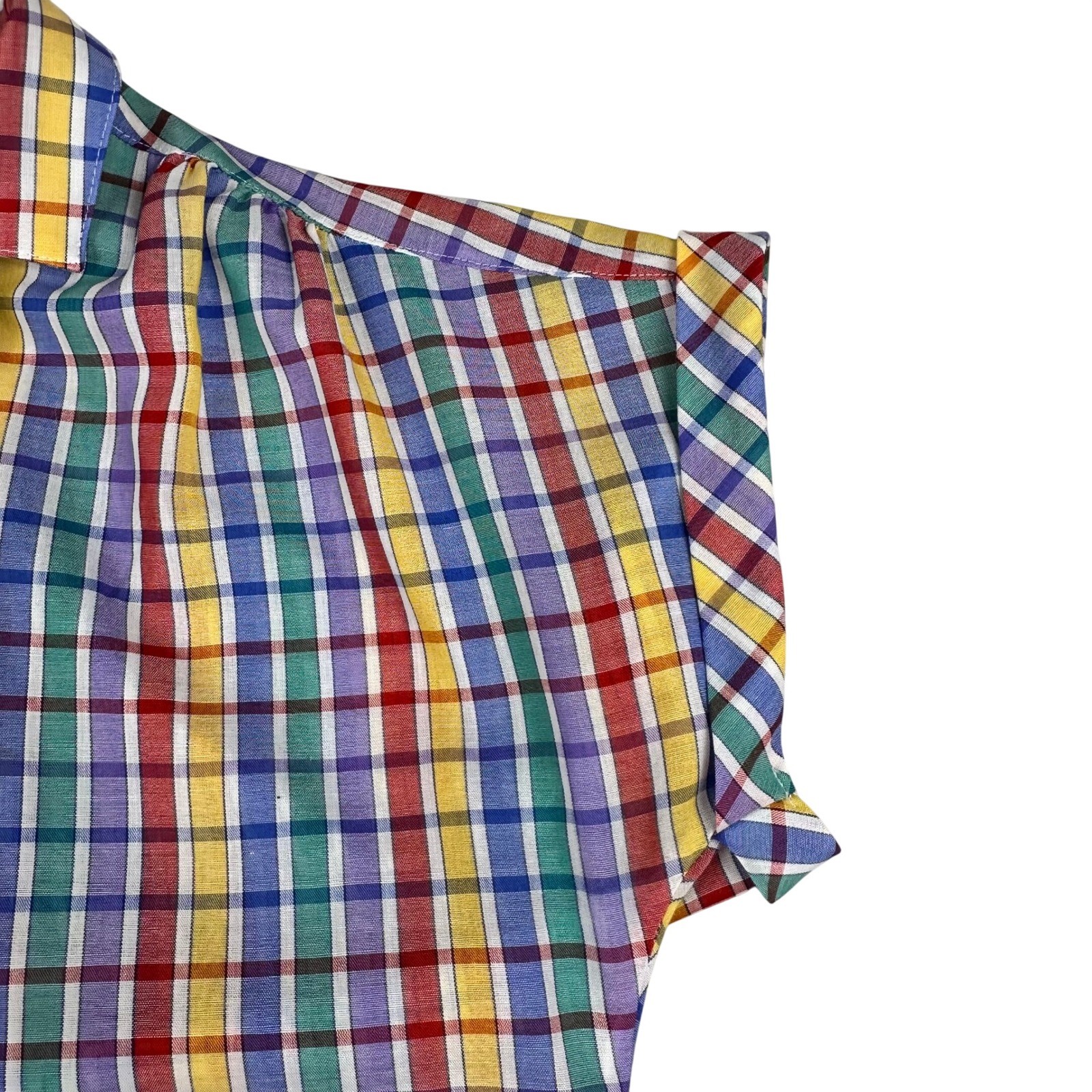 Vtg 70s Koret Rainbow Gingham Plaid Short Sleeve Button Down Shirt Multicolor