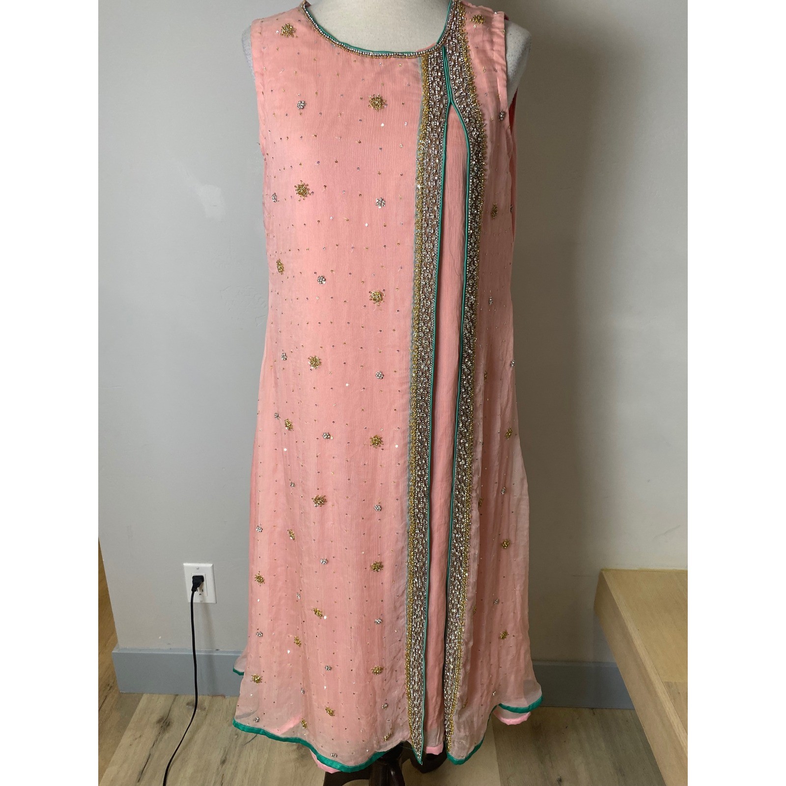 Vintage 60&rsquo;s Silk Beaded Midi Dress Embroider Rhinestone Formal Wedding Sari