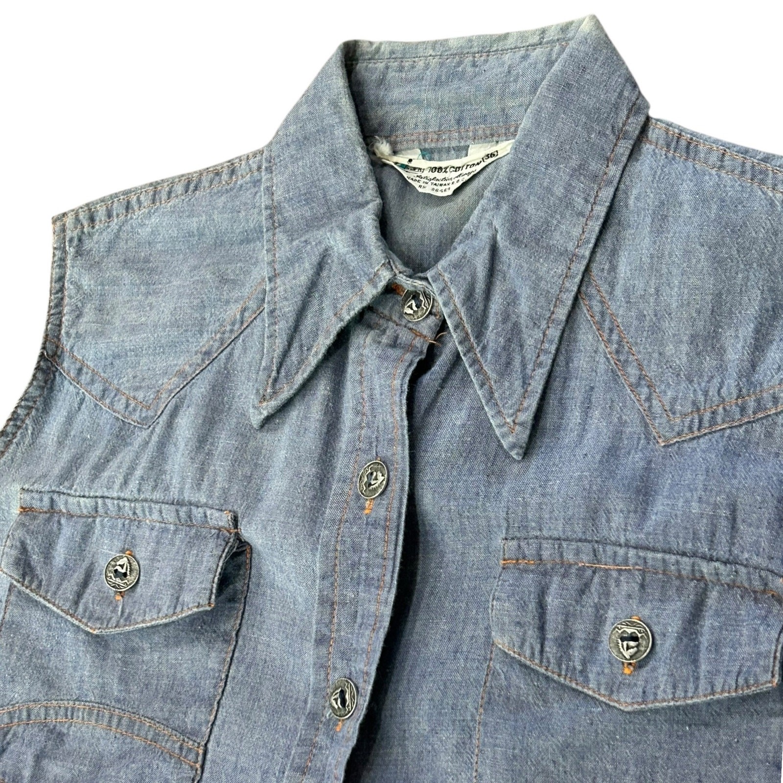 Vintage Chambray Denim Sleeveless Button Front Shirt Western Medium ^