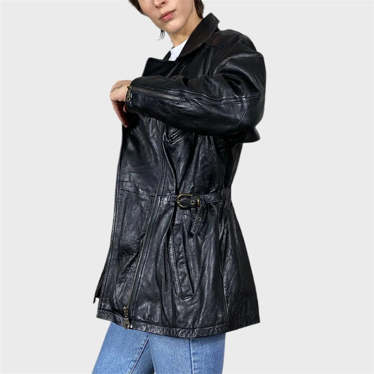Vintage Black Leather Jacket Moto Biker Style Zipped Jacket Size US8