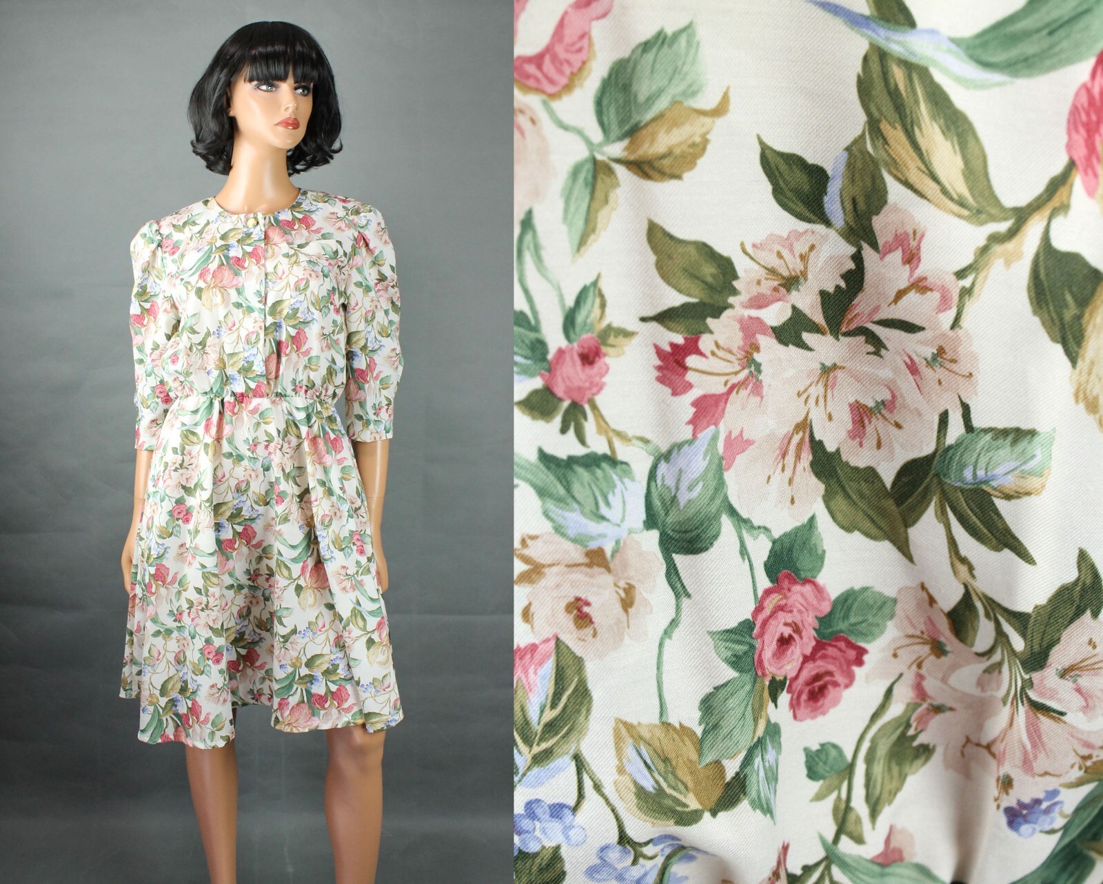 80s Secretary Dress Sz 5 S Vintage Ivory White Pink Green Floral Flared Skirt