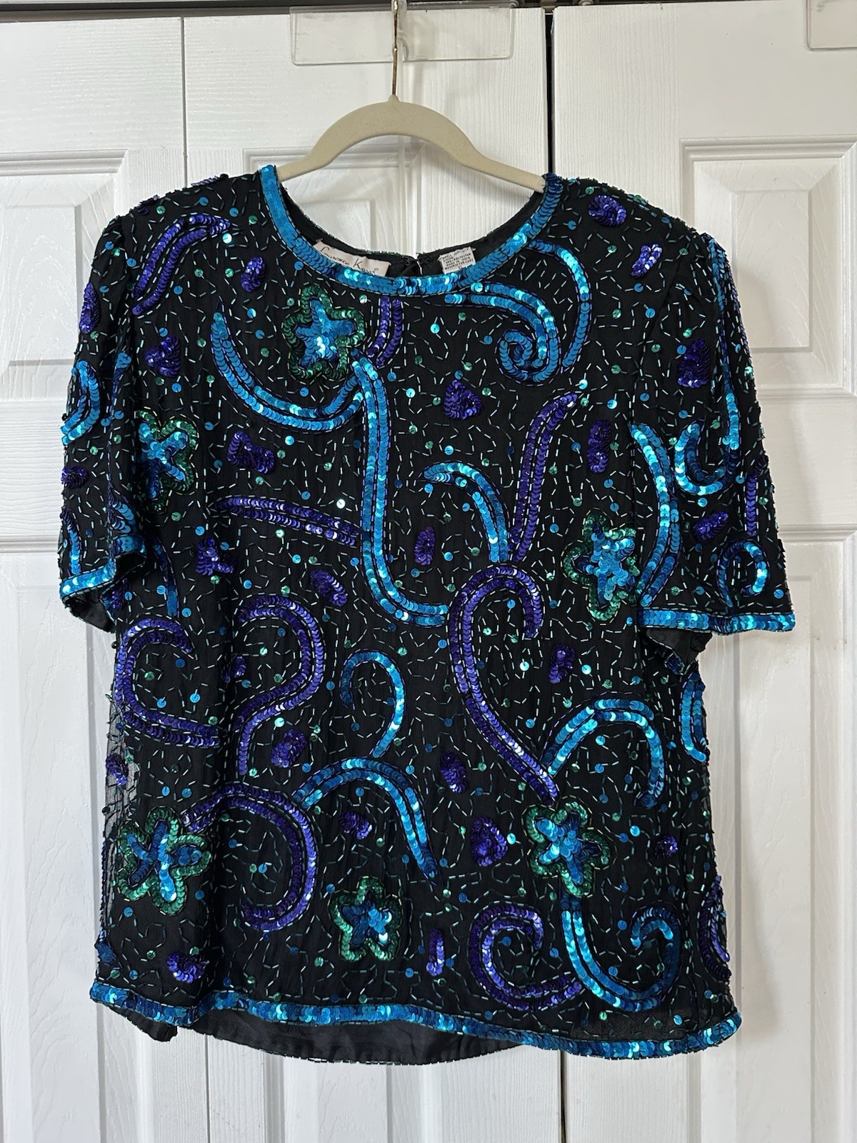 Vintage Laurence Kazar Beaded Sequin Glam Top 80s Dynasty Party Blues Hem XL