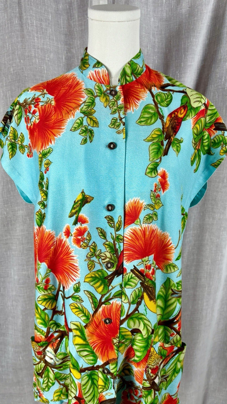 Vintage 60s Elsie Krassas Hawaiian Dress Shirt Barkcloth Tiki O Tea Timer M L