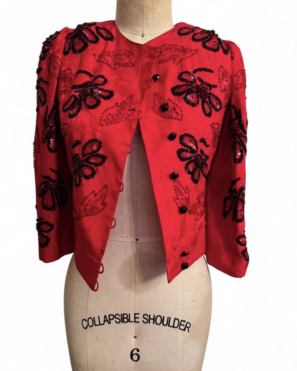 Vintage Red silk puff sleeve Beaded sequin Button down floral bolero jacket coat