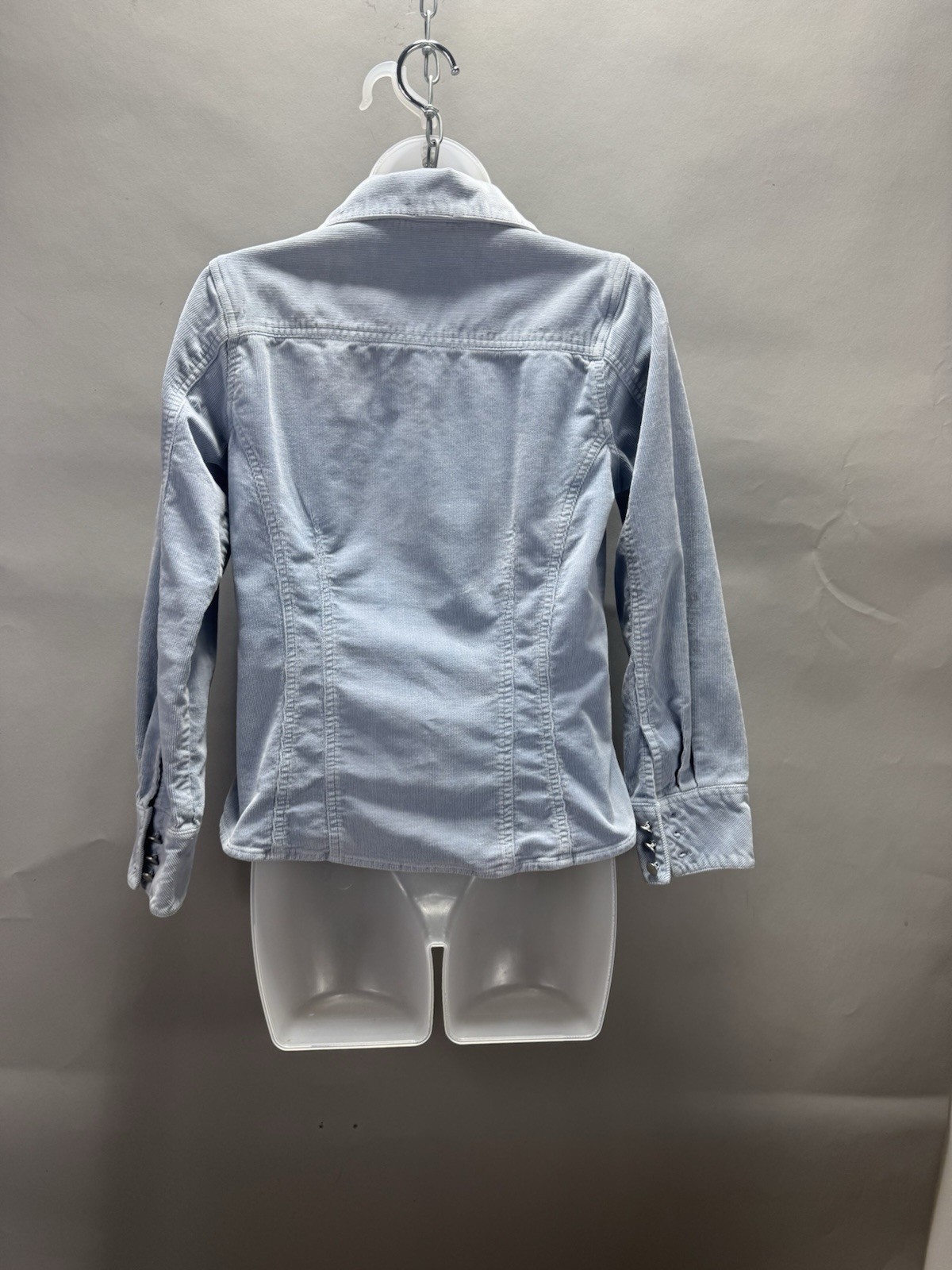 Womens Small Light Blue Stretch Corduroy Snap Front Shirt Jacket Fitted Western