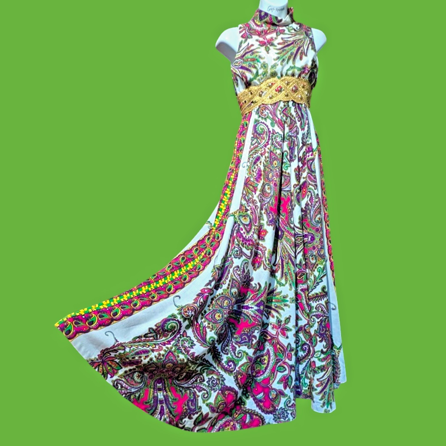 Vtg 60s PAISLEY GODDESS DRESS fit flare maxi floral fits XS hippie psychedelic C