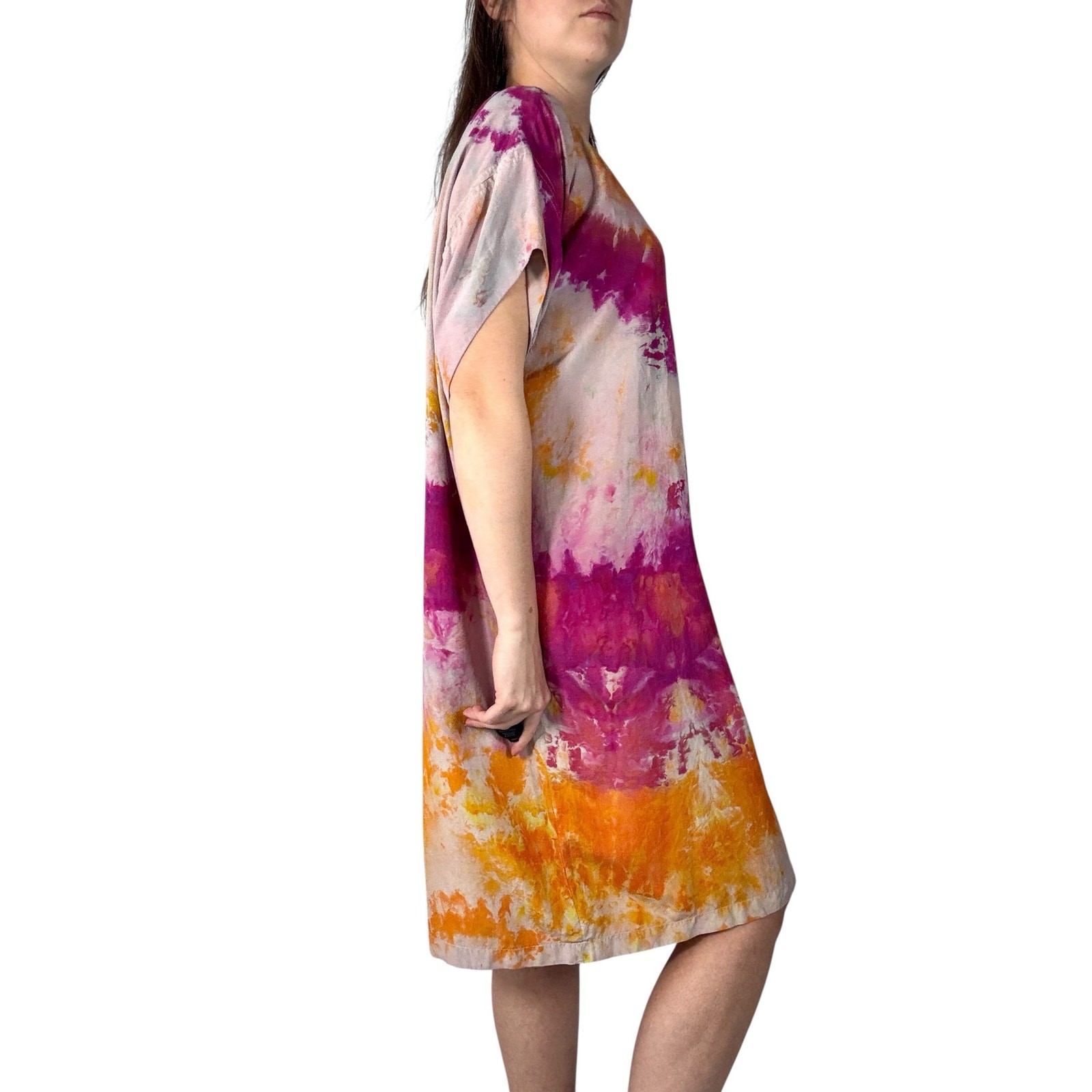 Hand Dyed Vintage 80s Lzinga Silk Shift Dress Orange Magenta Ice Dye Wood Button