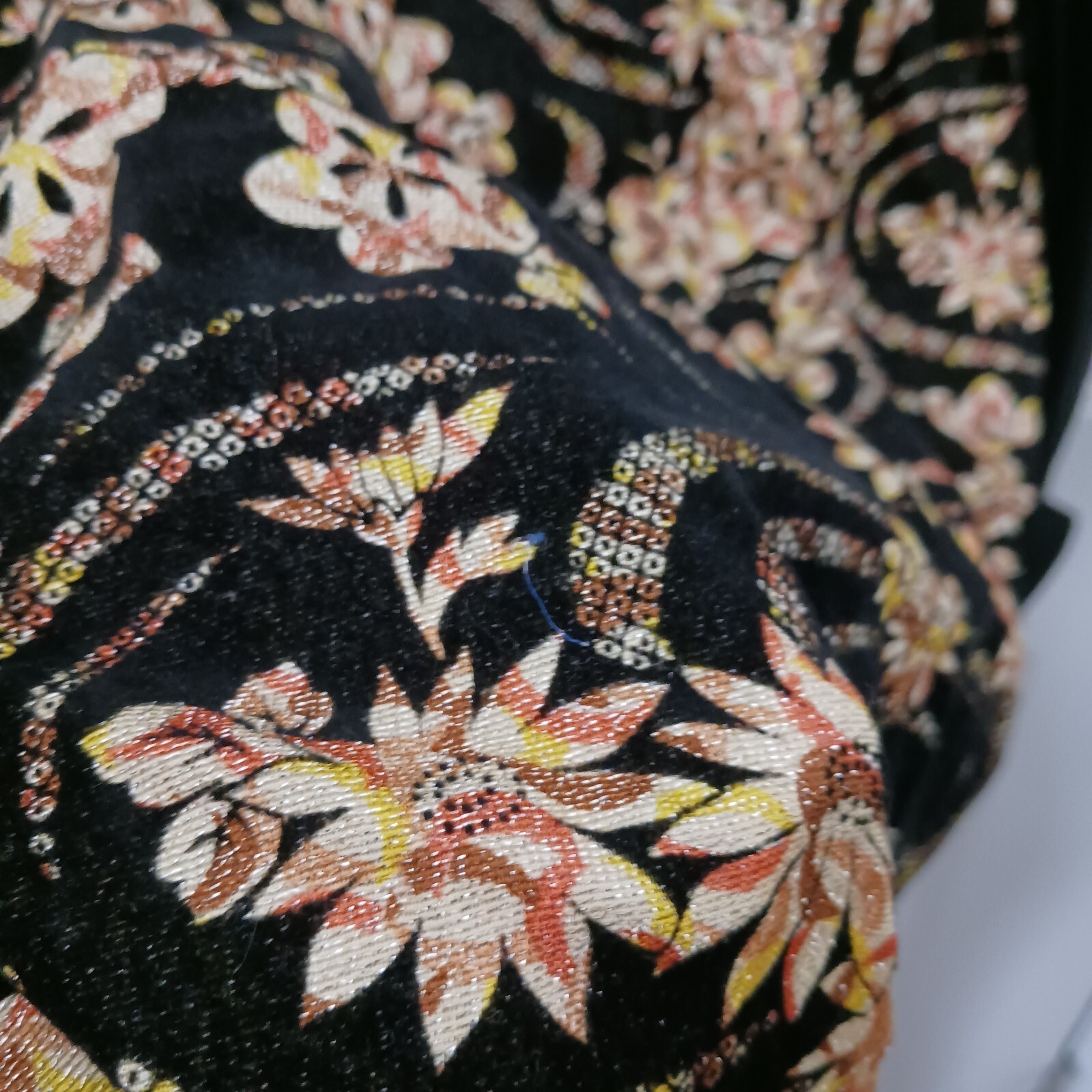 Vintage 60s 70s Hostess Dress Black Floral Long Size Small Mod Gold Metallic