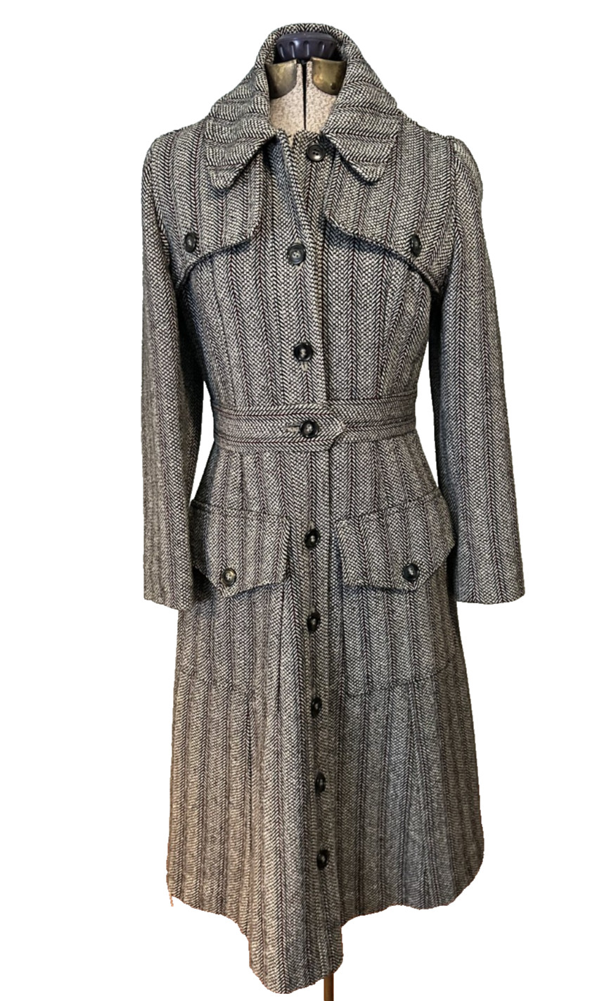 Vintage 1940 Hand-Tailored Herringbone Wool Princess Coat Long Fitted Gorgeous S