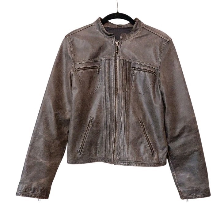 American Eagle Vtg Leather Biker Jacket Brown Distressed Cafe Racer Women&rsquo;s Med