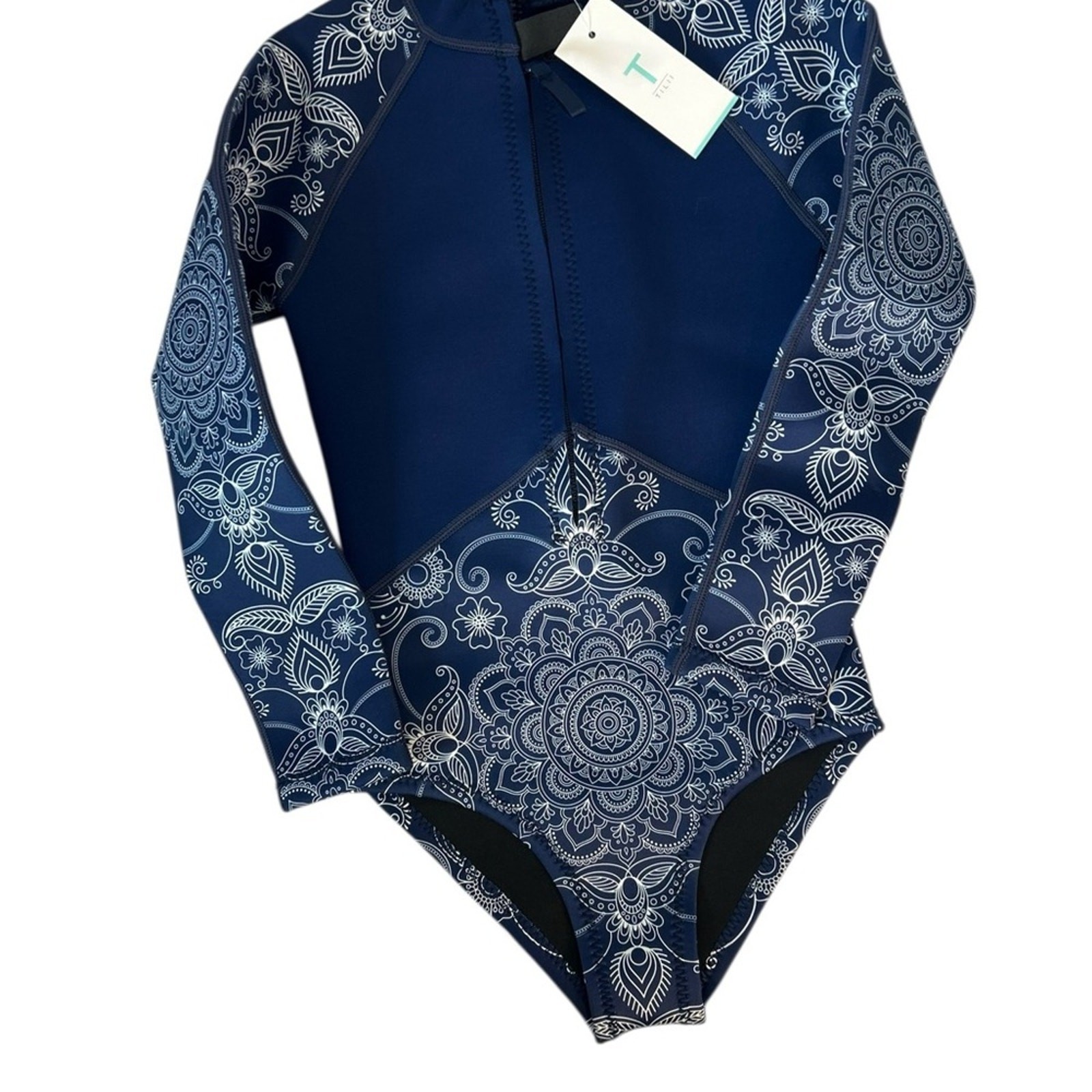 Tilili Mandala Rashguard One Piece Swimsuit Long Sleeve Zip Front Boho Navy 10