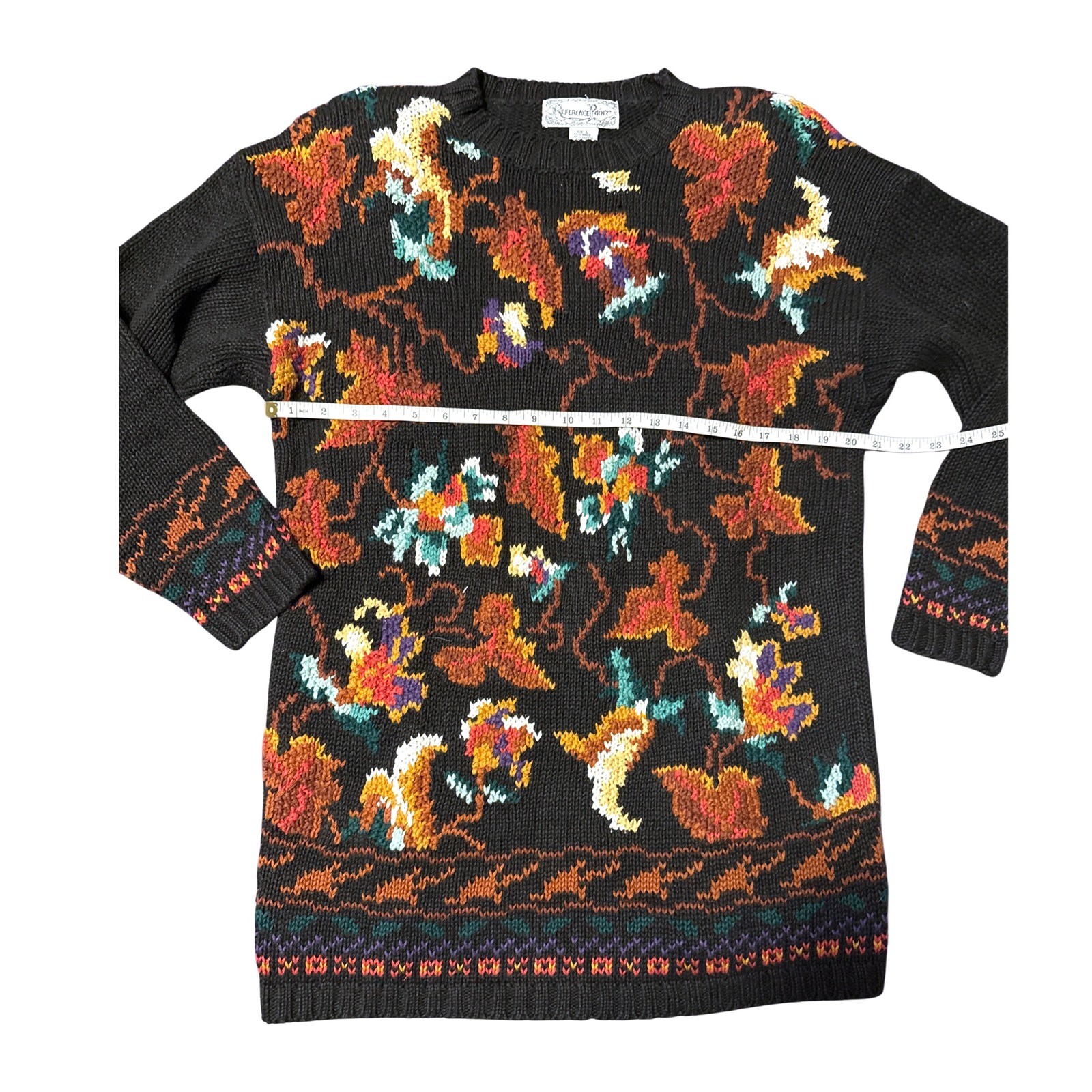 Reference Point Vtg 90s Sweater L Black Floral Cotton Cottagecore Whimsigoth