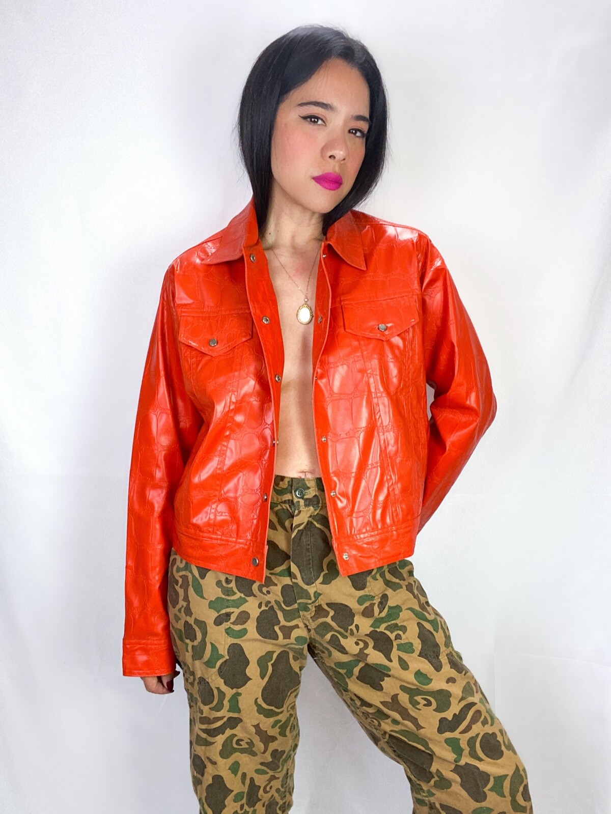Vintage Y2K Deadstock l.e.i. Croc Embossed Pumpkin Orange Vegan Leather Jacket