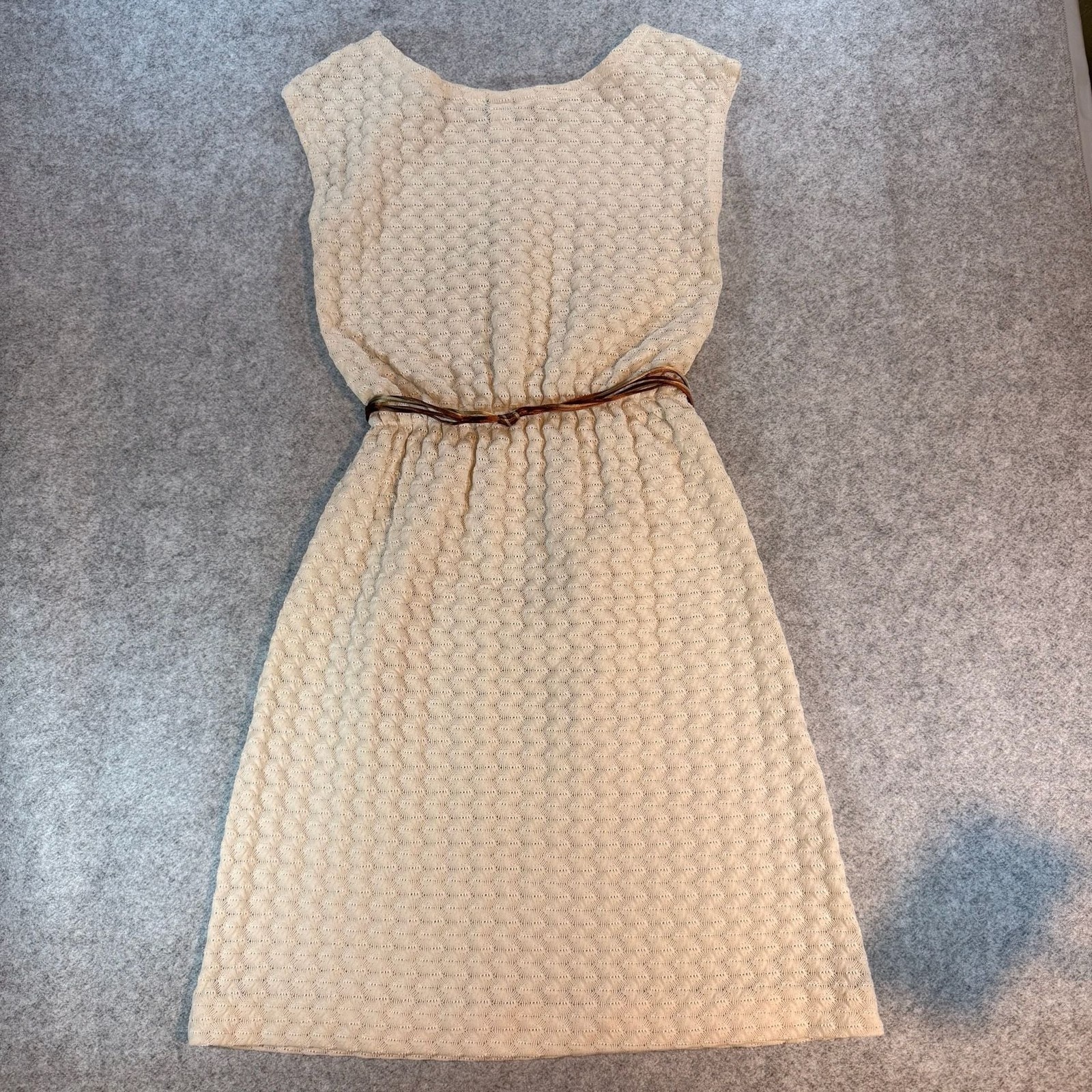 Vintage Lady Blair Ivory Textured Knit Dress Animal Belt USA Size 10 70s Boho