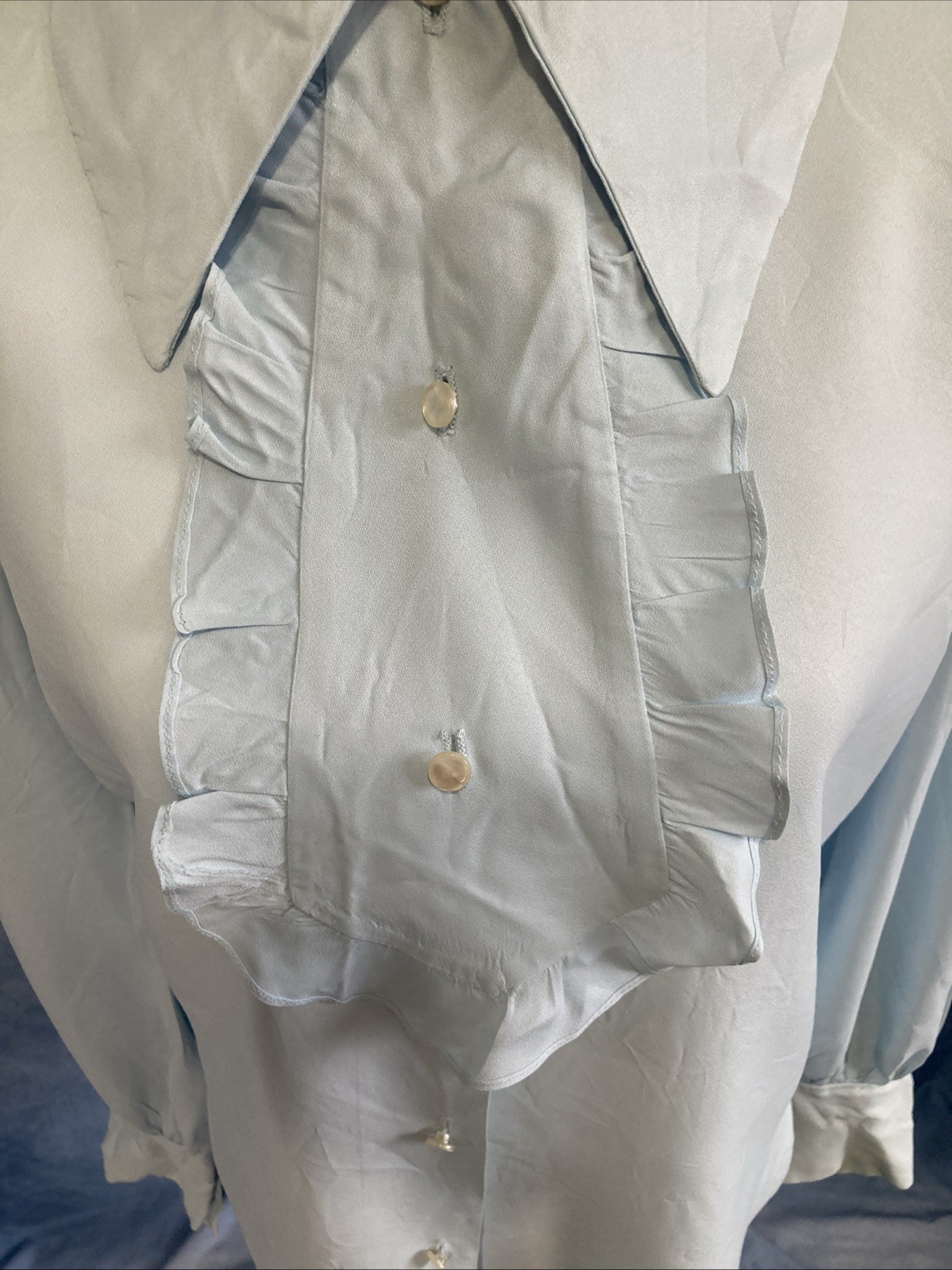 VTG Miss Chris Blue Ruffle Jabot Blouse 70s Secretary Victorian Union Made XS/S