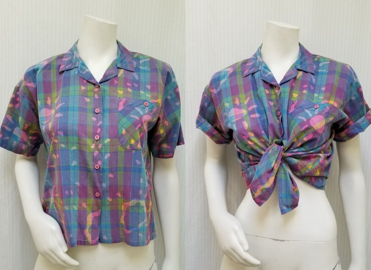 Vintage UNIONBAY Blue Pink Plaid Batik Button Front Top Shirt – Size M – EUC