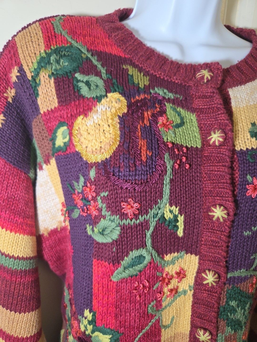 Vintage 2001 Tiara International Chunky Knit Cardigan Sweater Sunflower Fruit XL