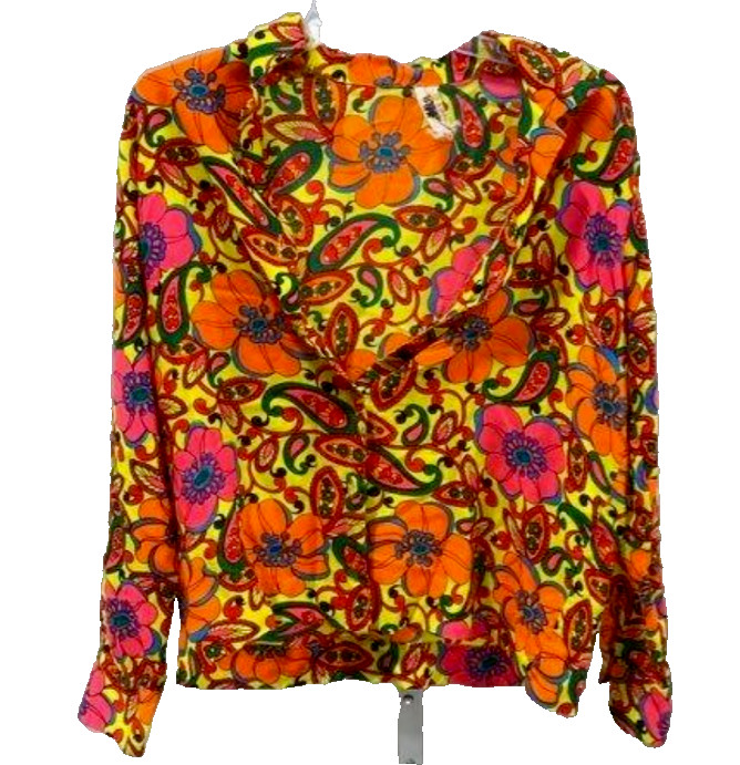 VTG Women 60&rsquo;s SHIRT Bright Mod Paisley Floral Long Sleeve sz10-12 bust 38
