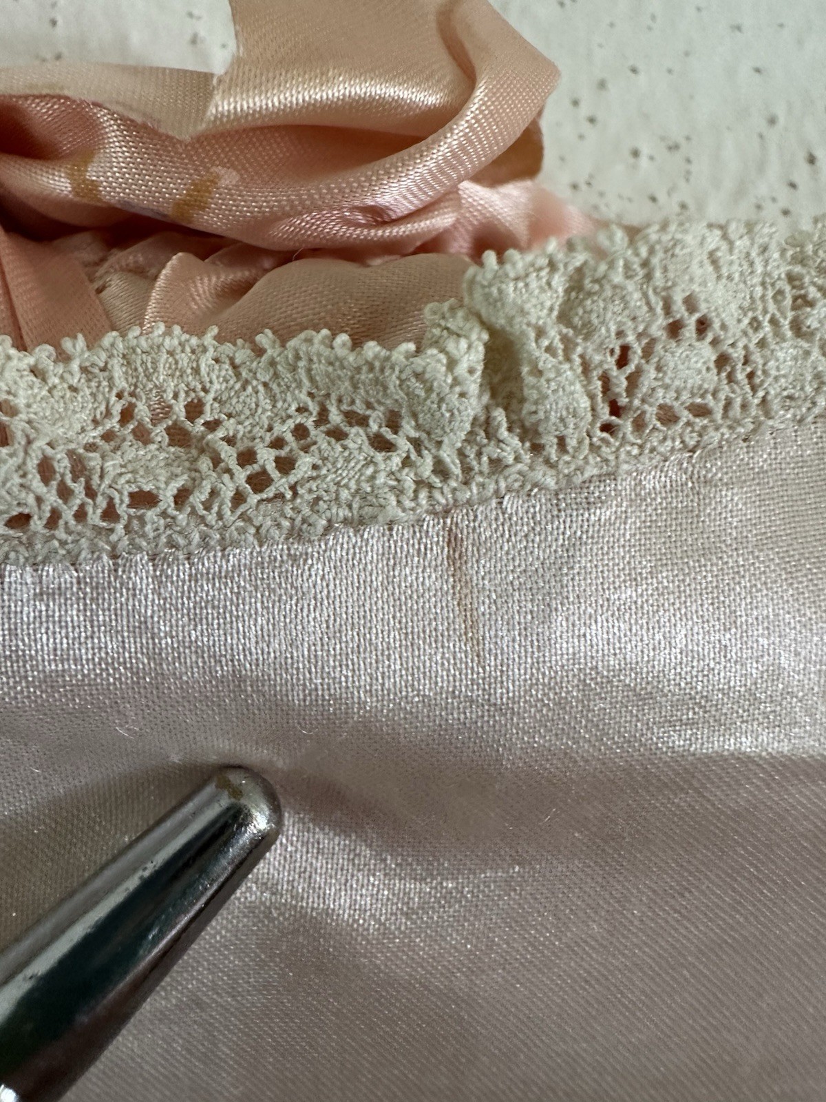 1930s Rayon Satin Bed Jacket Champagne Peach Lace Bow Tie Front Boudoir Top VTG