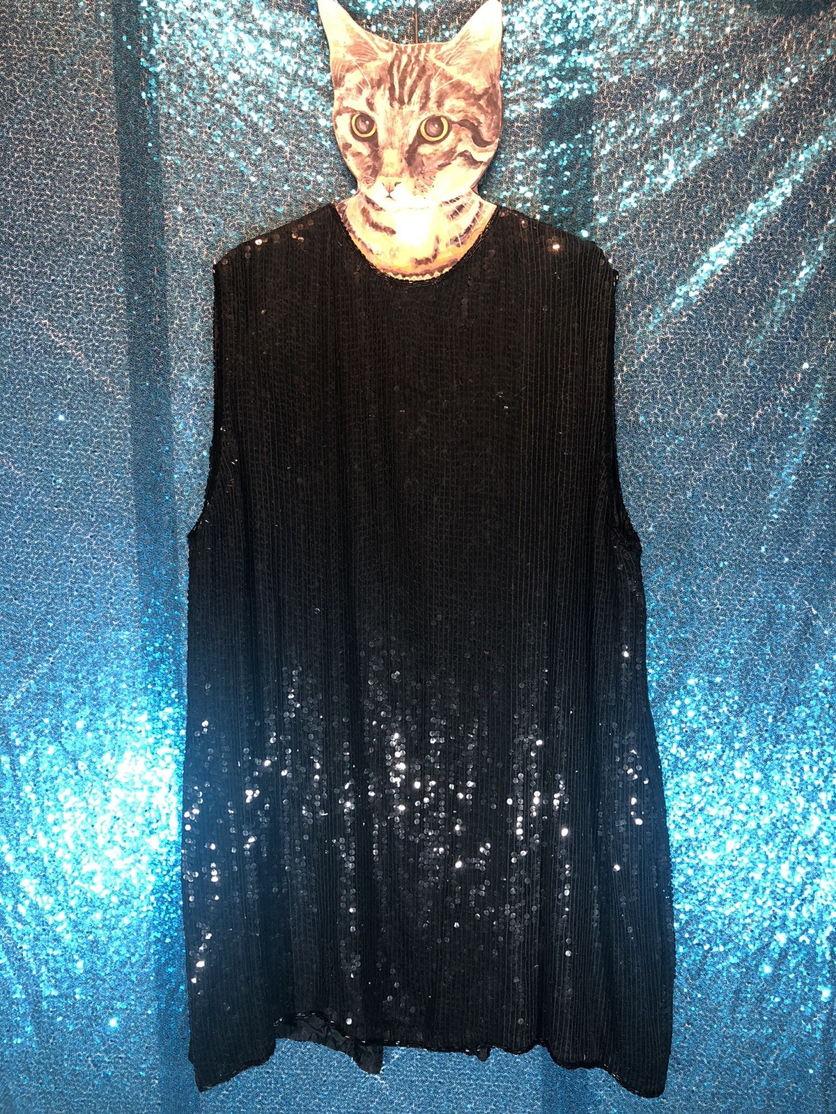 Vintage “Royal” Black Silk Sequined Sleeveless Jacket/Duster~XXL