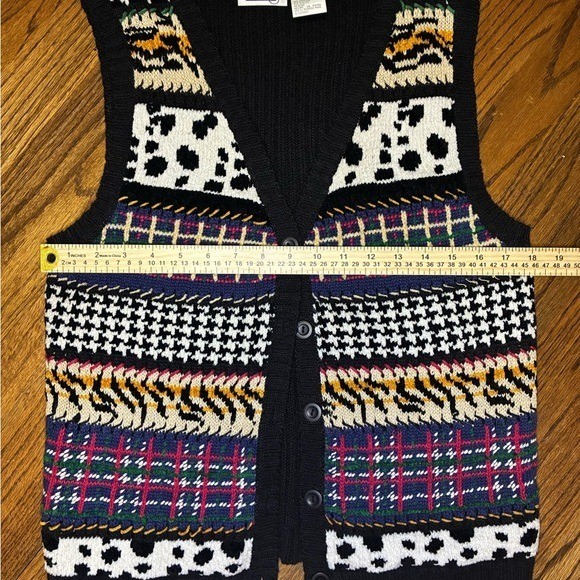 Erika Vintage Mixed Pattern Knit Sweater Vest Ramie Cotton Blend Small Black