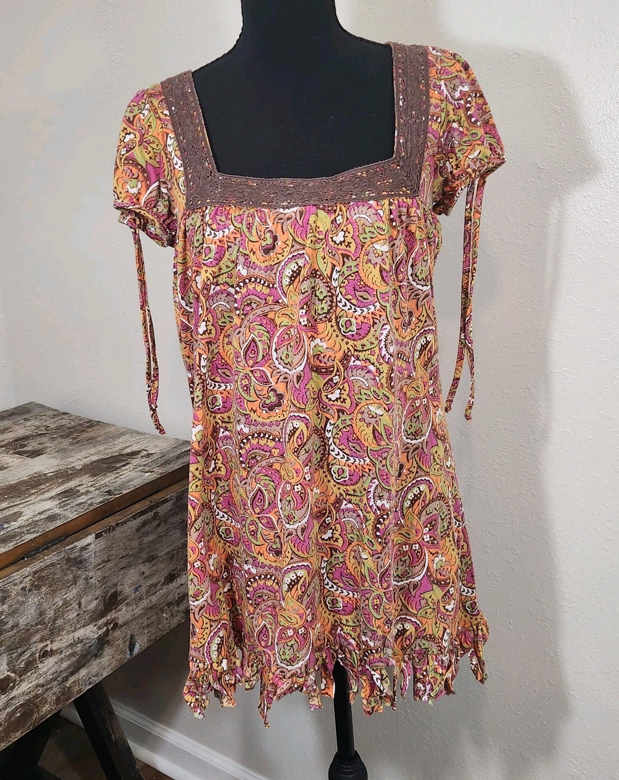 Vintage Wet Seal Y2K 90s Dress M Babydoll Crochet Fringe Colorful Paisley Tunic