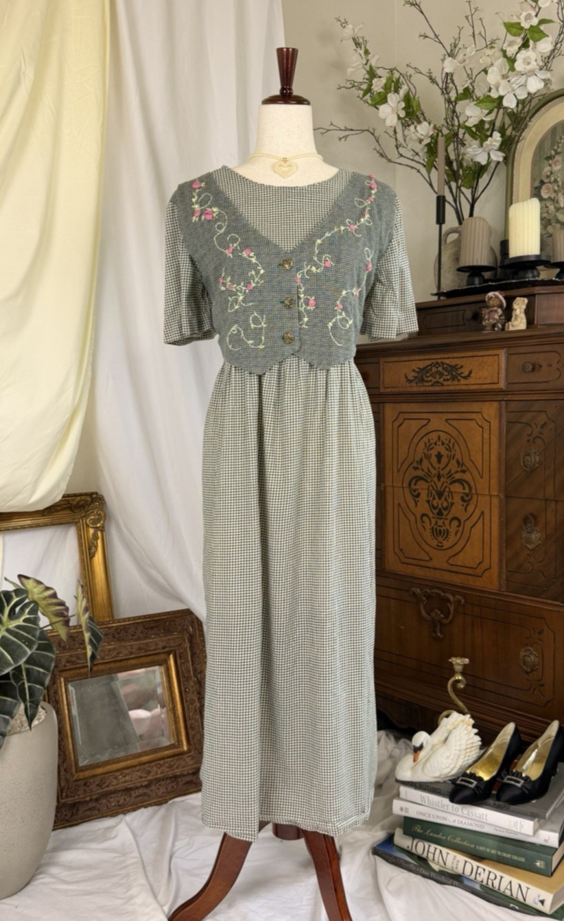 Handmade Vintage 90s Summer Cottage Dress XL with Embroidered Vest Midi Boho