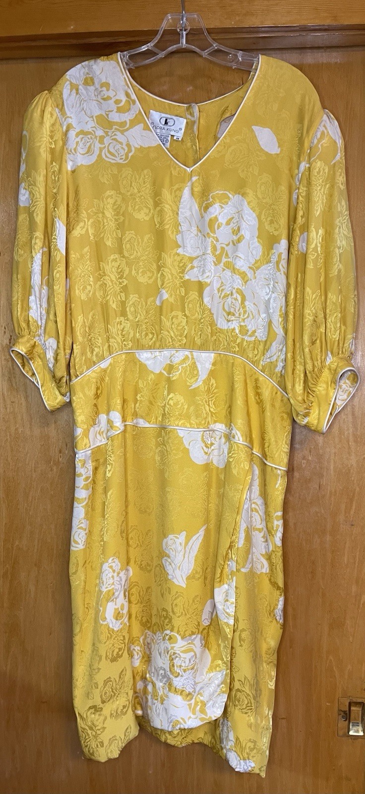 Vintage 80s Flora Kung Women&rsquo;s 14, 100% Silk Yellow & White Floral Print Dress