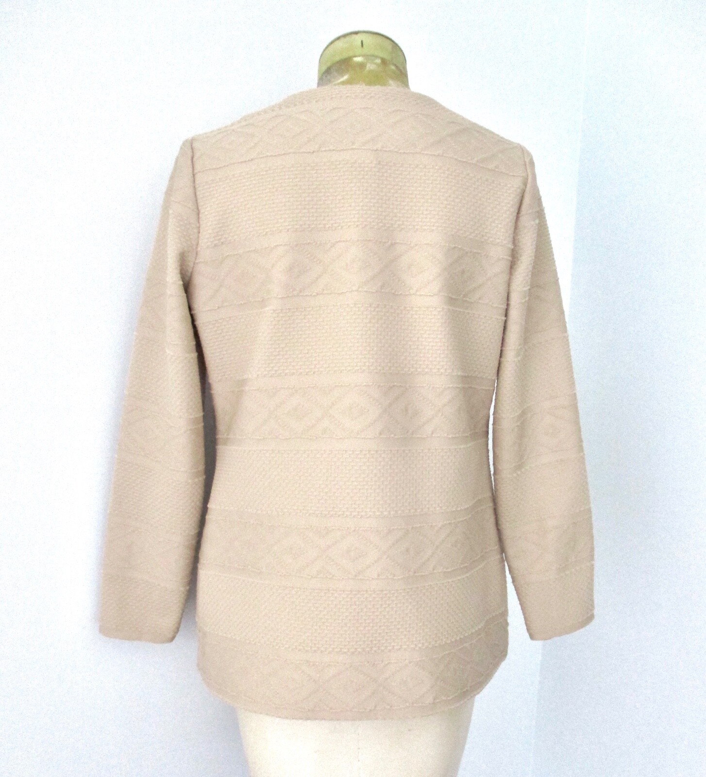 Vtg 60s 70s Mod Beige Poly Knit 2-Pc Drop Waist Dress Jacket Secretary Suit 12