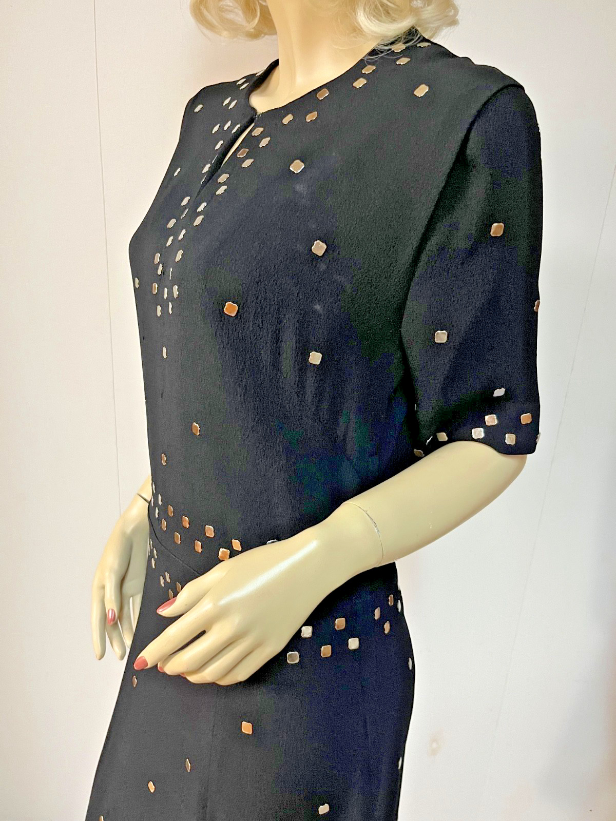 Stunning Prong Set Studded Vintage 1940s Black Rayon Mid Calf Dress Bust 38-39
