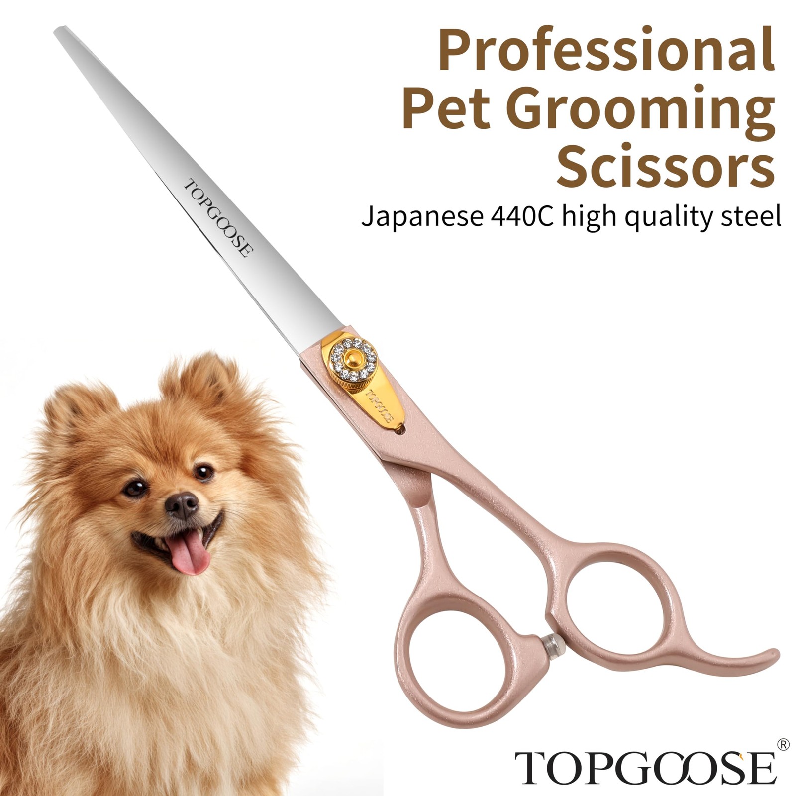 TOPGOOSE 7.5 » Dog Straight Scissors for Grooming 440C Stainless Steel Rose Gold
