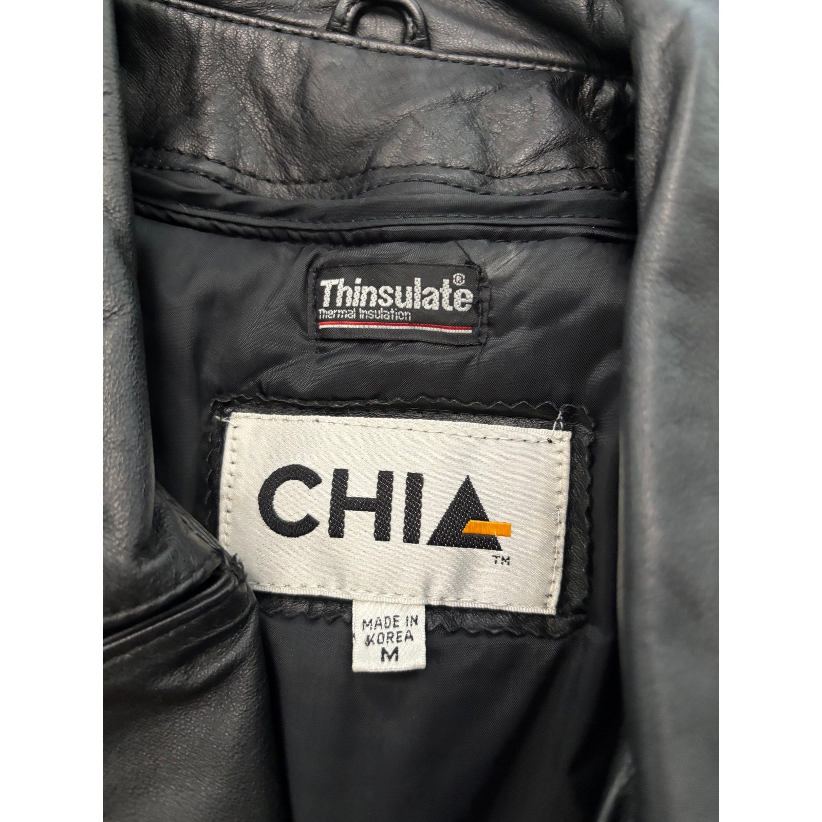 Vintage Chia Black Leather Biker Jacket Thinsulate Liner Belted Moto 2126 M