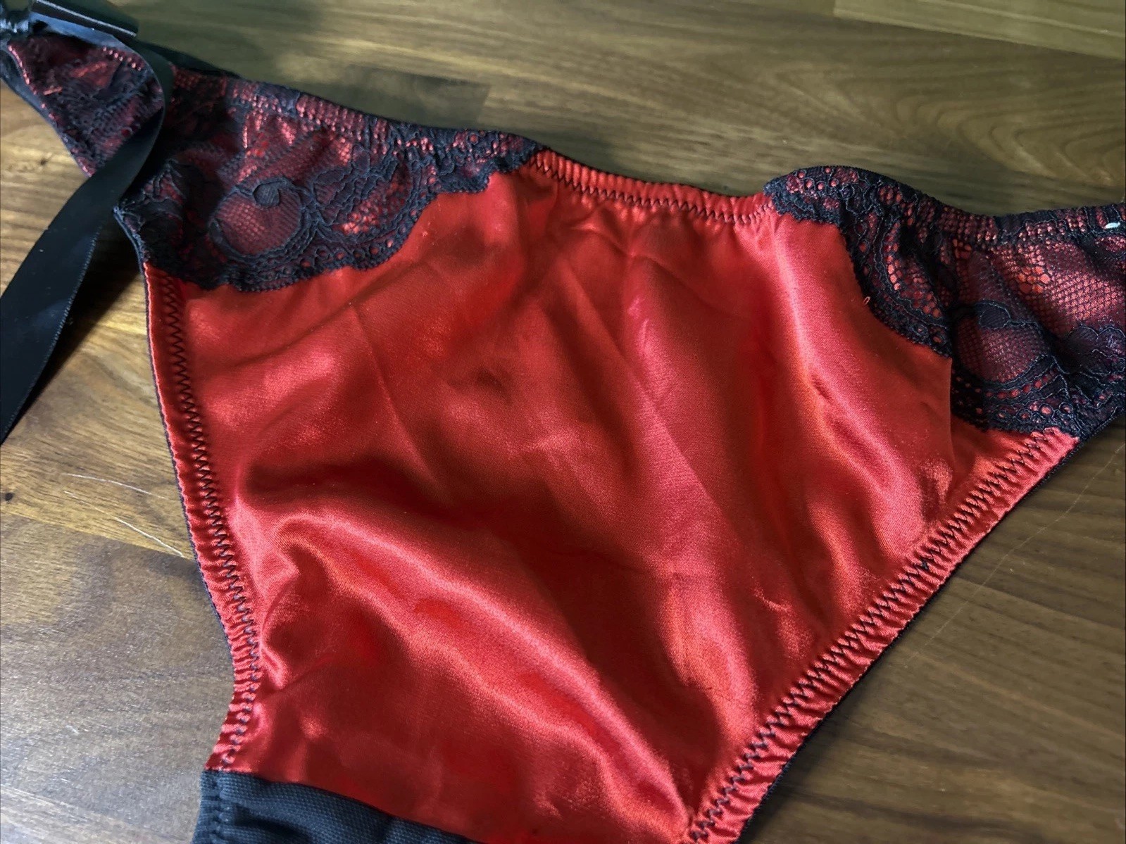 Vintage Cacique Second Skin Panties Thong 18/20 Glossy Shiny Tie Sides Mesh Red