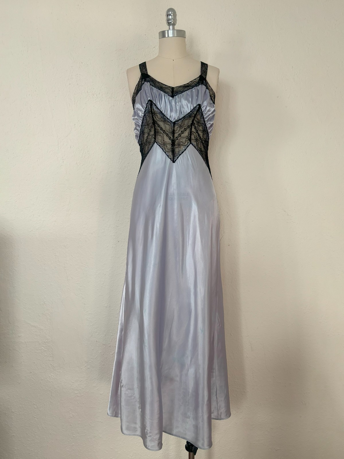 1940s Blue Satin and Black Lace Nightgown, Small to Medium