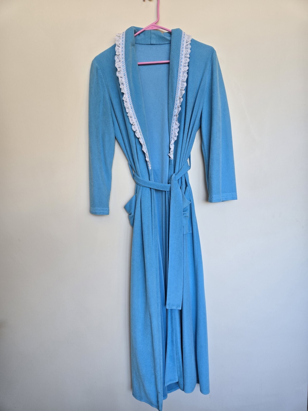 Vintage Blue Robe Women&rsquo;s Sleepwear Pajama White Lace Long Sleeve Full Length