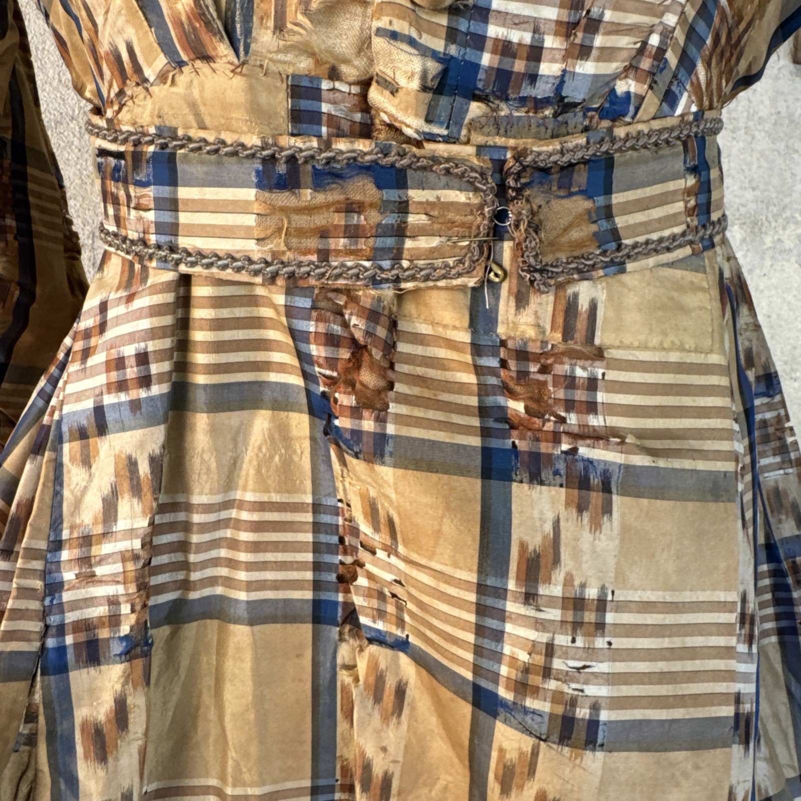Antique Victorian Brown & Blue Plaid Silk Dress & Cape 1860s Vintage