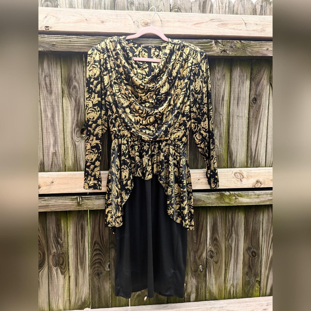 Vintage Black & Gold Metallic Floral Rose Long Sleeve Cowl Neck Peplum Dress